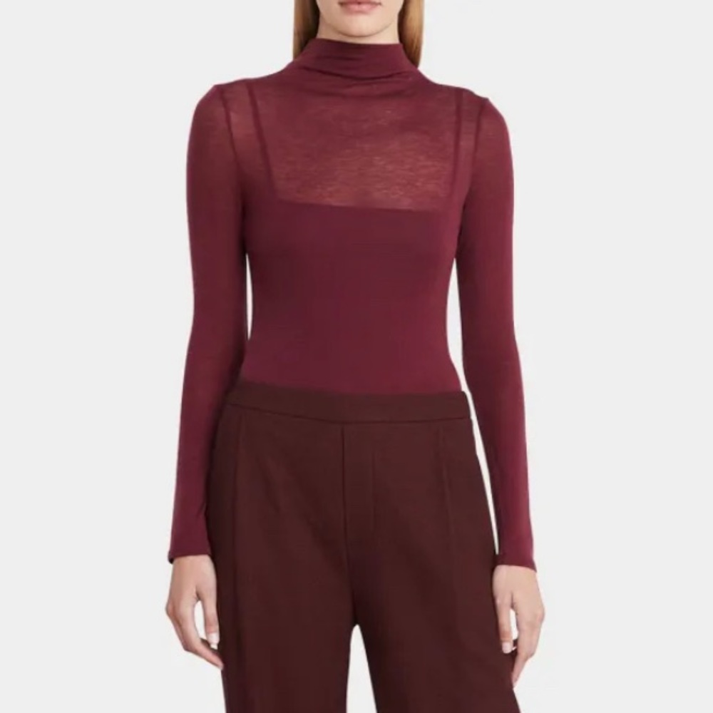 Tory Burch XS Turtleneck Long Sleeve Wine Burgundy Zipper Sheer Dark Academia